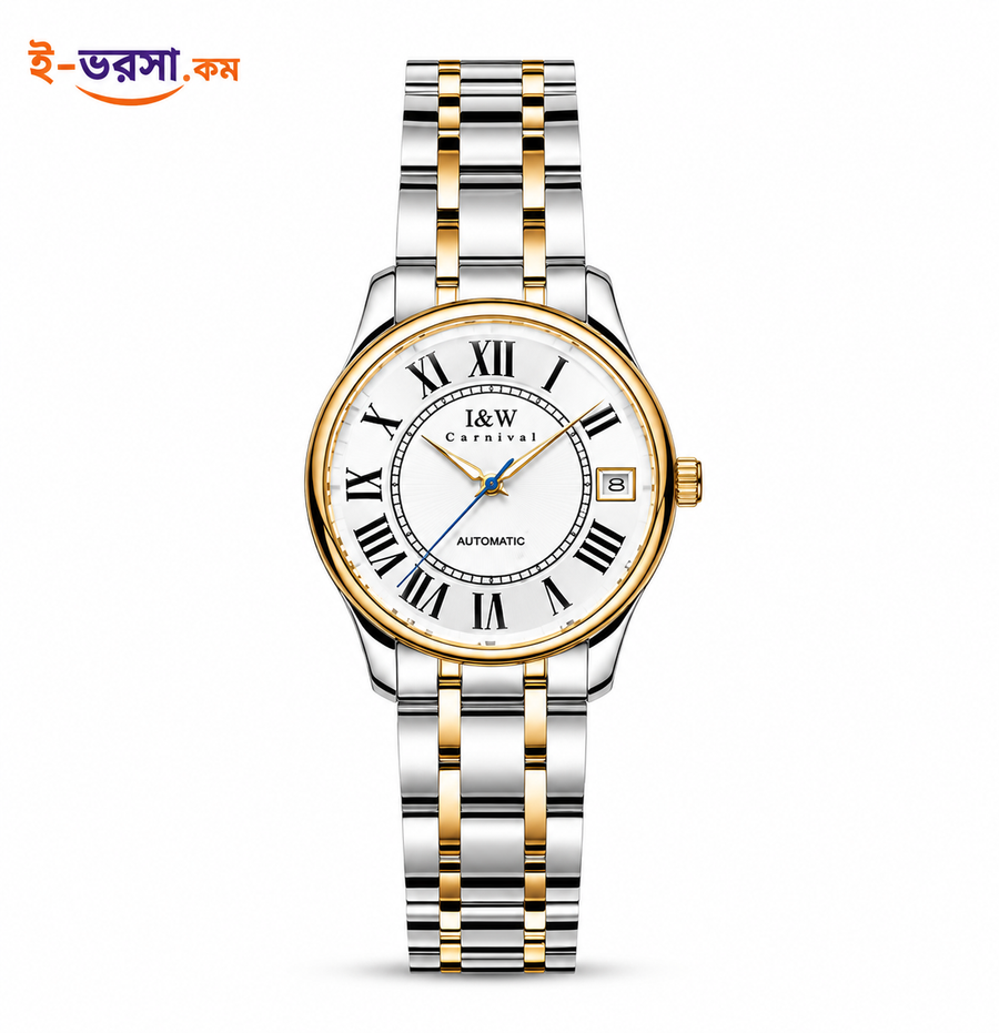 I&W Automatic Women Watch Roman Numeral Dial Two Tone Band Date Display Stainless Steel Mechanical Watch