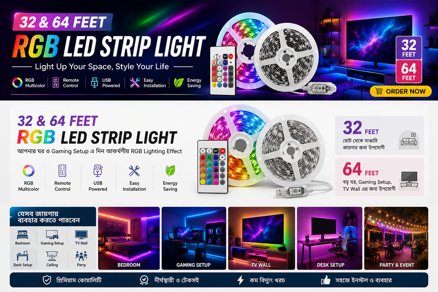৩২ ফুট RGB LED স্ট্রিপ লাইট – প্রিমিয়াম রঙিন লাইটিং